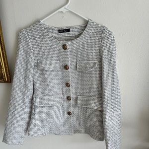 Tweeted blue and white collarless  blazer jacket